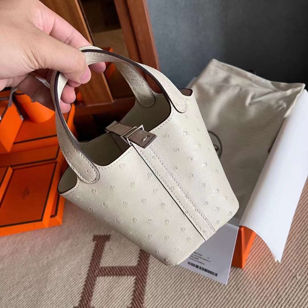 picotin macro ostrich leather 鸵鸟皮 羊毛白  银