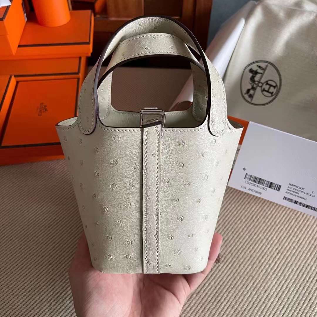 picotin macro ostrich leather 鸵鸟皮 羊毛白  银