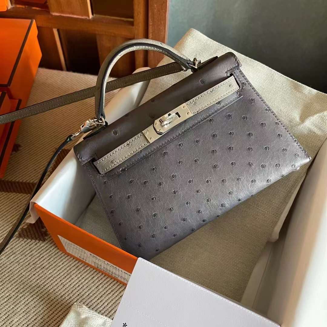 Sac KL II Sellier Mini Gris Agate and Gris Asphalte Veau Ostrich