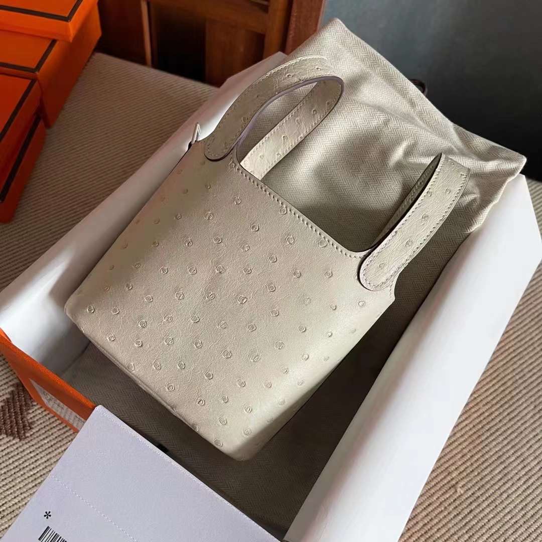 picotin macro ostrich leather 鸵鸟皮 羊毛白  银
