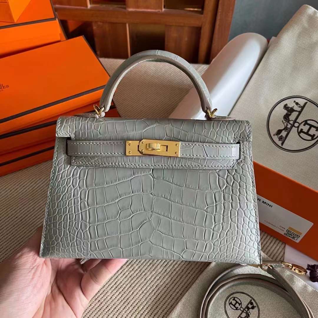 HM KL Mini2 19cm 雾面方块 美洲鳄鱼Matte Alligator Crocodile CK80 Griss perle 珍珠灰 全手工蜜蜡线缝制