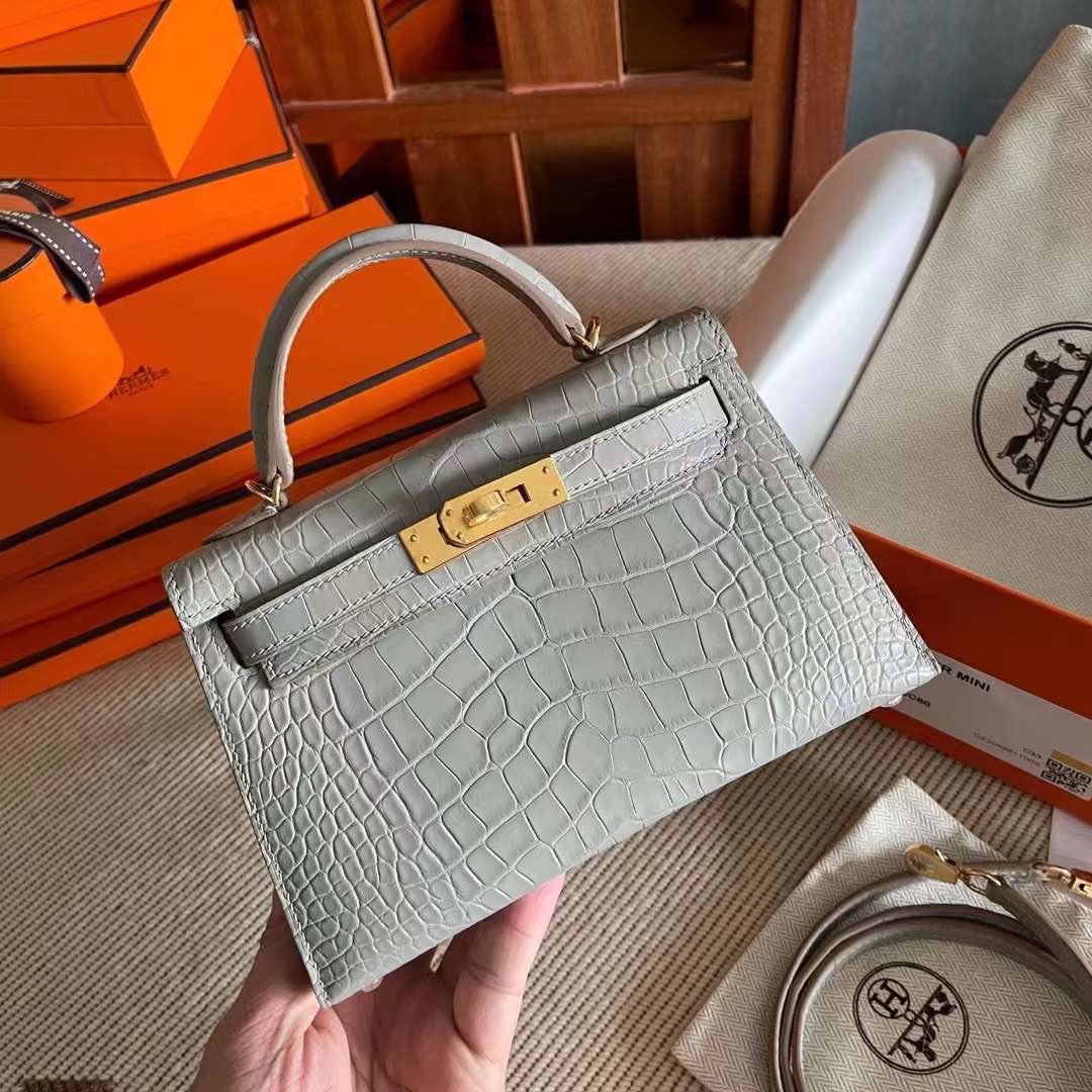 HM KL Mini2 19cm 雾面方块 美洲鳄鱼Matte Alligator Crocodile CK80 Griss perle 珍珠灰 全手工蜜蜡线缝制