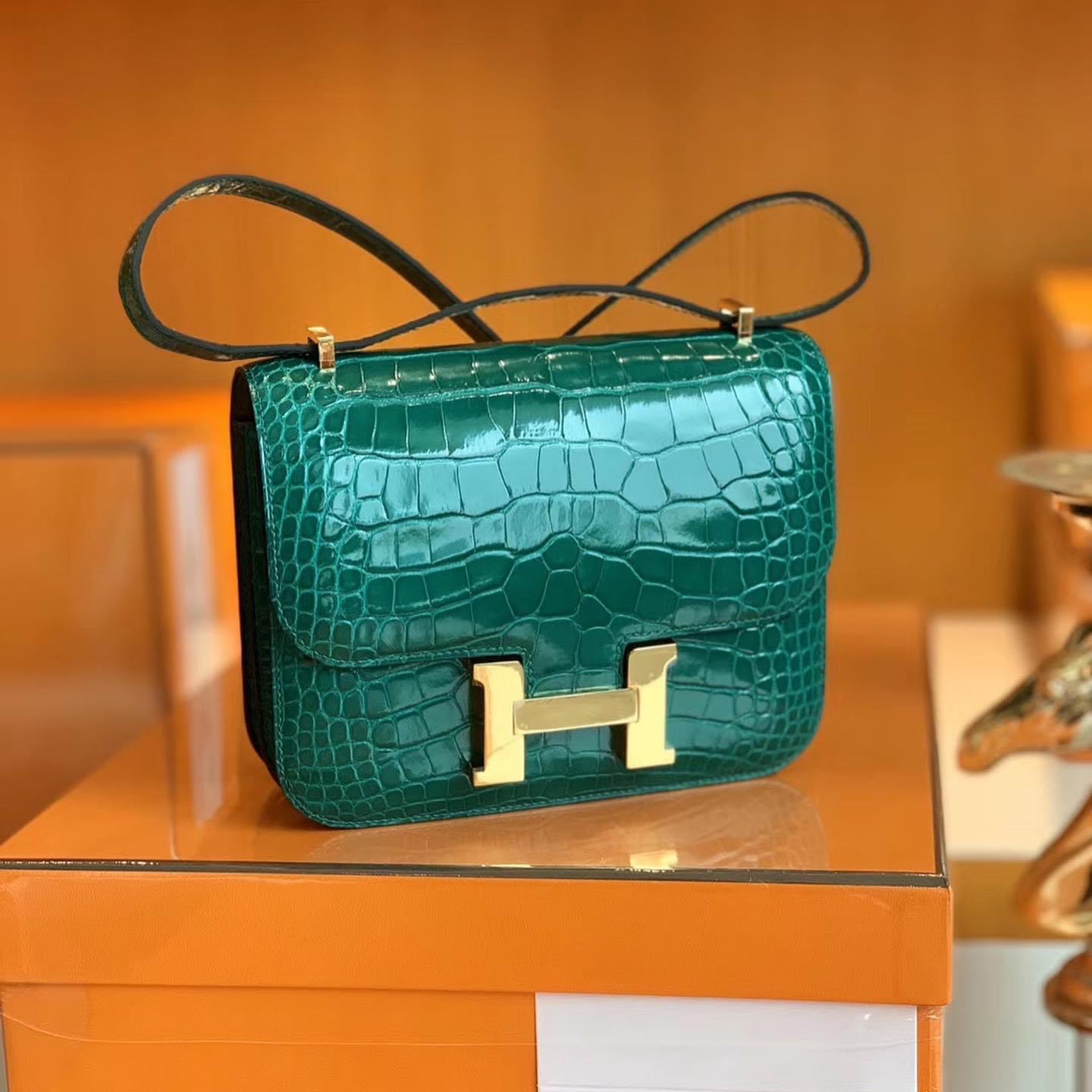 Constance 康康18cm 6Q Green 翡翠绿 亮面鳄鱼皮 美洲方块 金扣