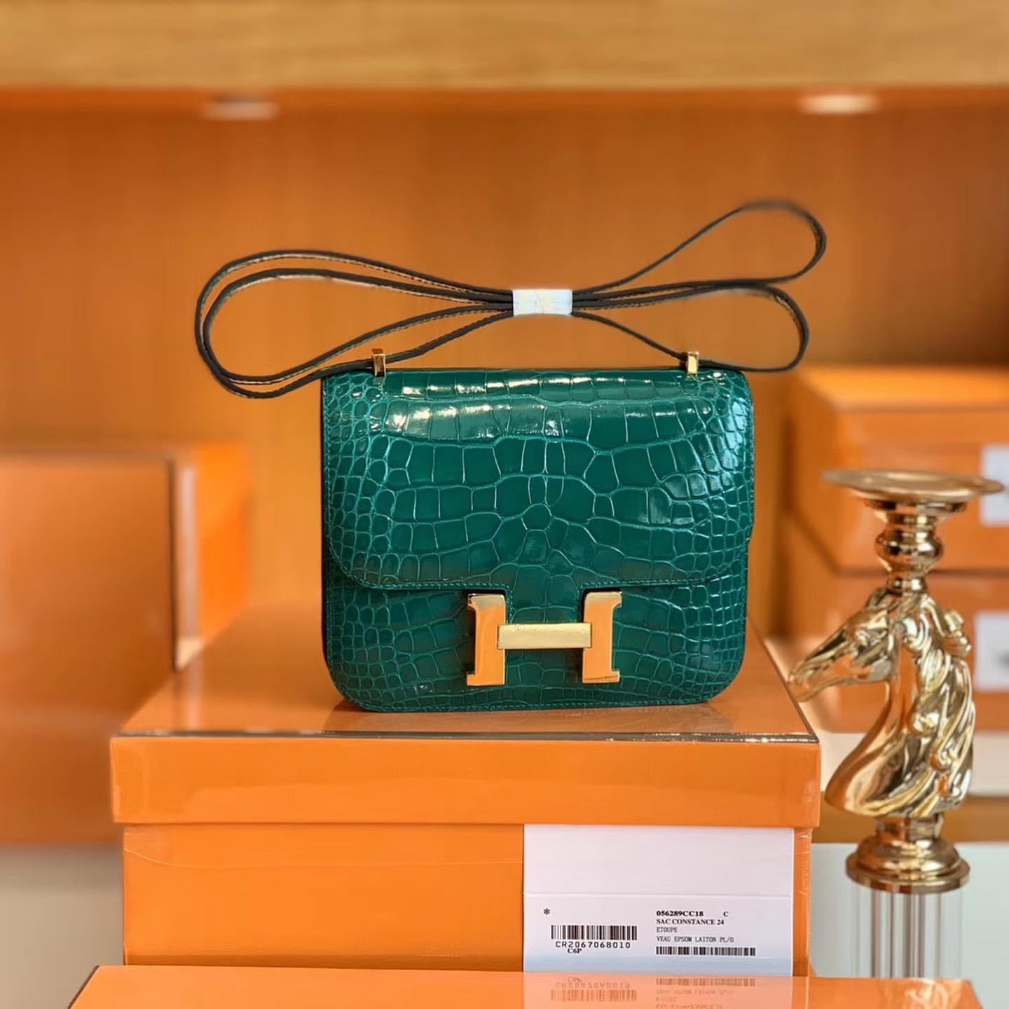 Constance 康康18cm 6Q Green 翡翠绿 亮面鳄鱼皮 美洲方块 金扣