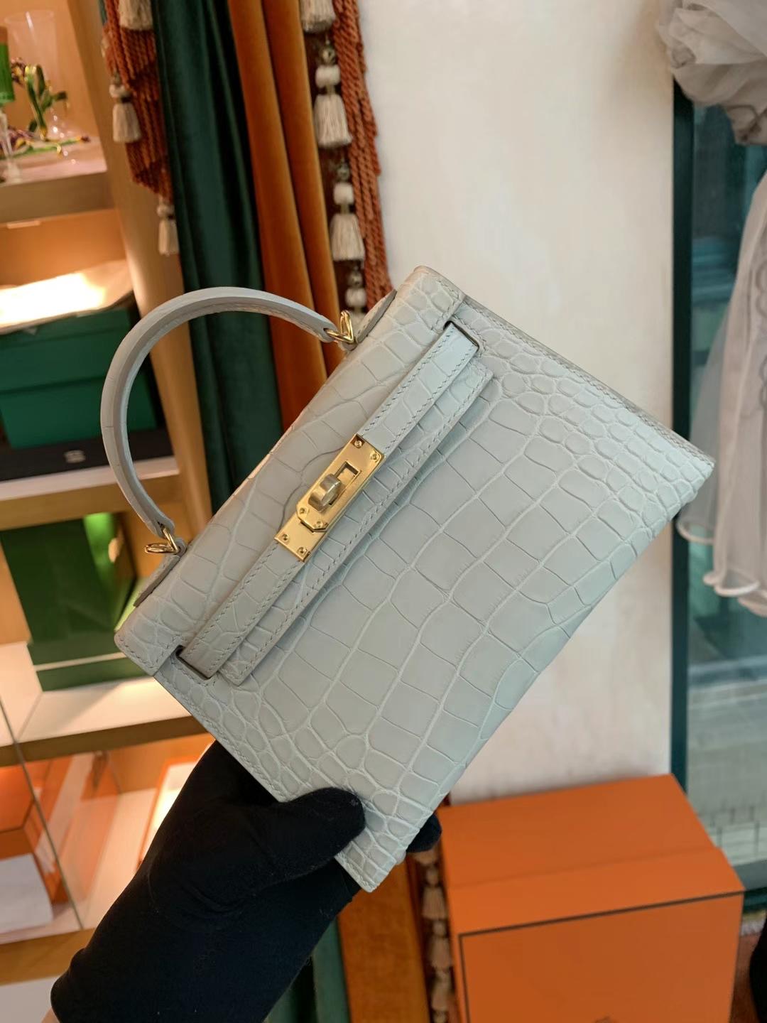 HM KL Mini2 19cm 雾面方块 美洲鳄鱼Matte Alligator Crocodile CK80 Griss perle 珍珠灰 全手工蜜蜡线缝制