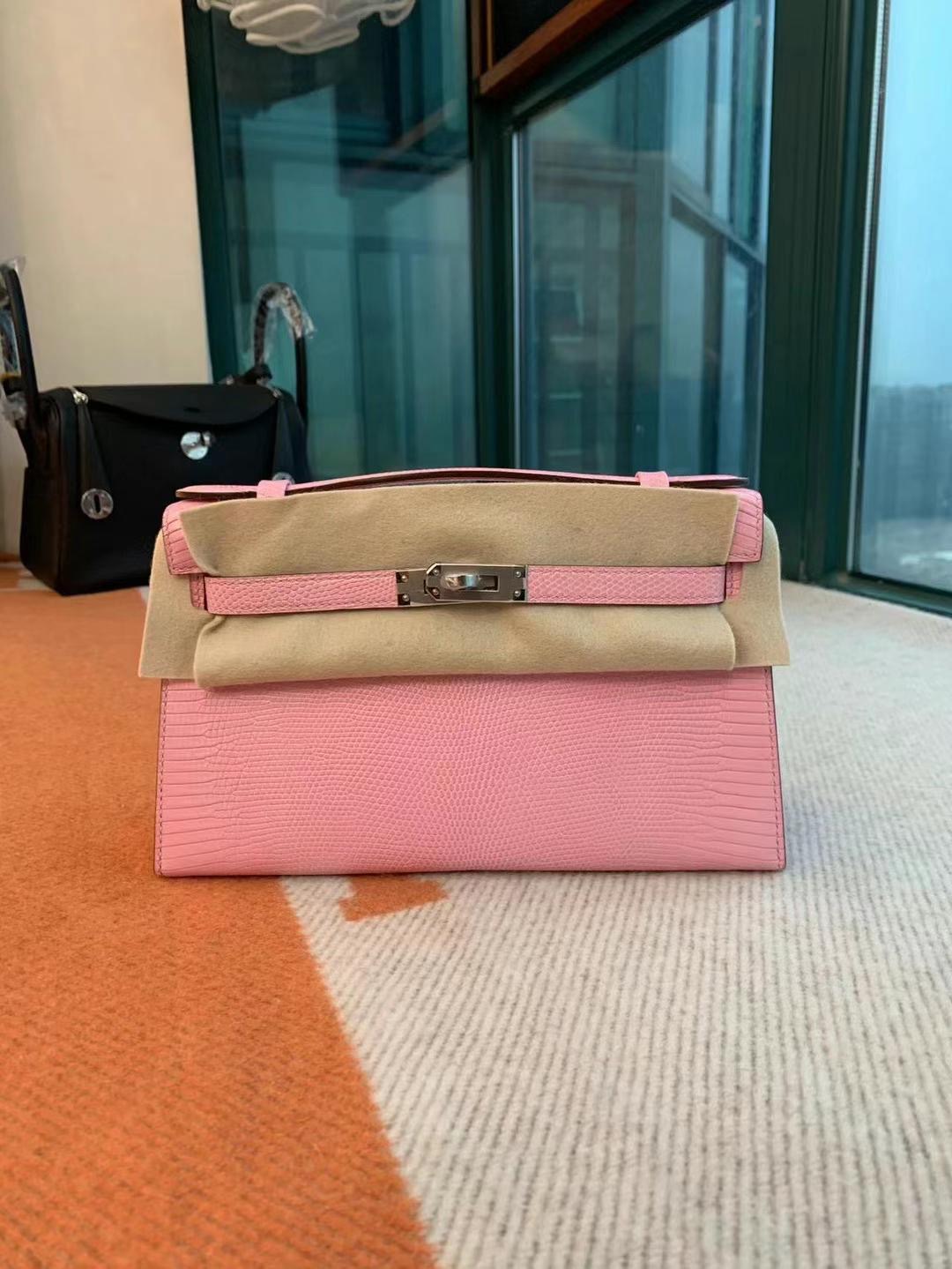 爱马仕HM Pochette 5P Pink 樱花粉 Lizard蜥蜴皮 银扣