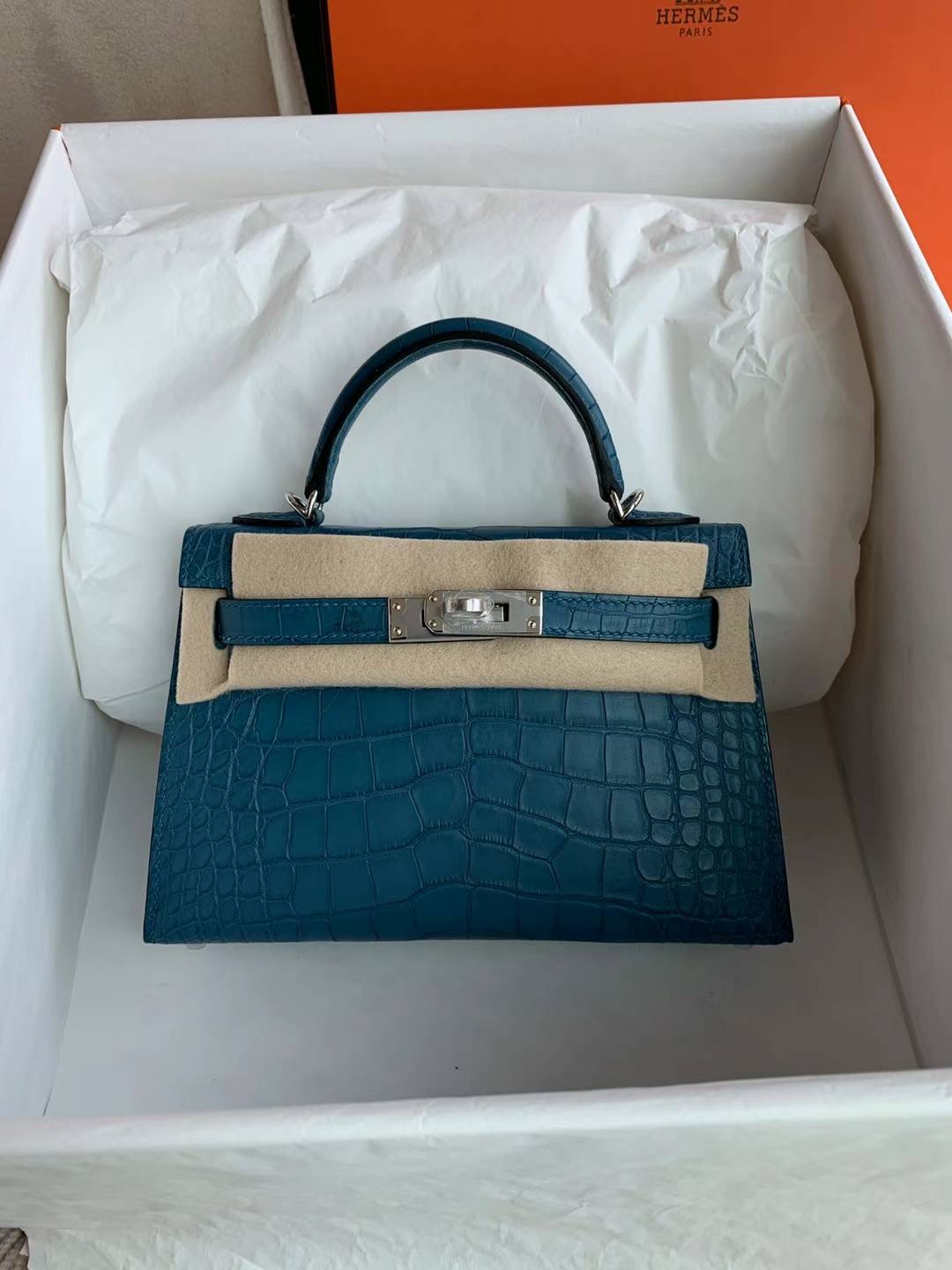 Britain HM Mini KL 1P Blue Colvert 鸭子蓝 Matte Alligator Crocodile