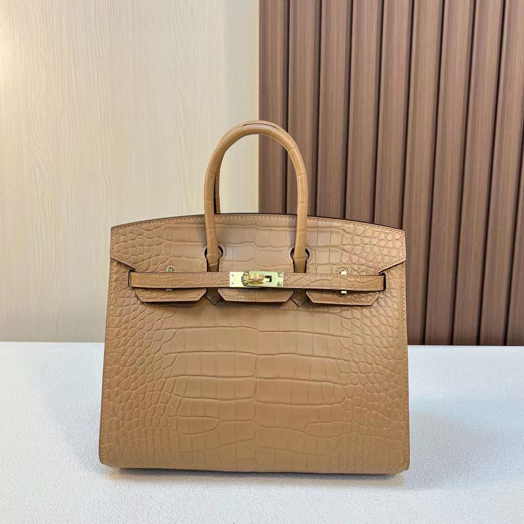 现BK 25cm 外缝 Sellier 雾面美洲鳄鱼 0M奶茶色 Chai 金扣 全手工蜡线缝 Matte Alligator Crocodile Ghw