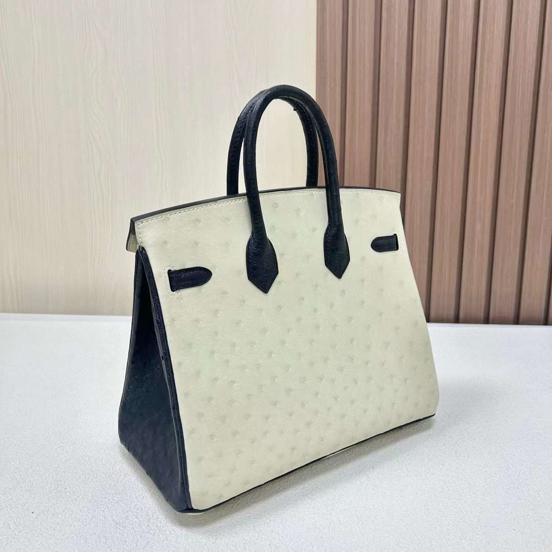 BK 25cm Ostrich 原厂kk南非鸵鸟 8L冰川白/89黑色 金扣 全手工蜡线缝 Ghw