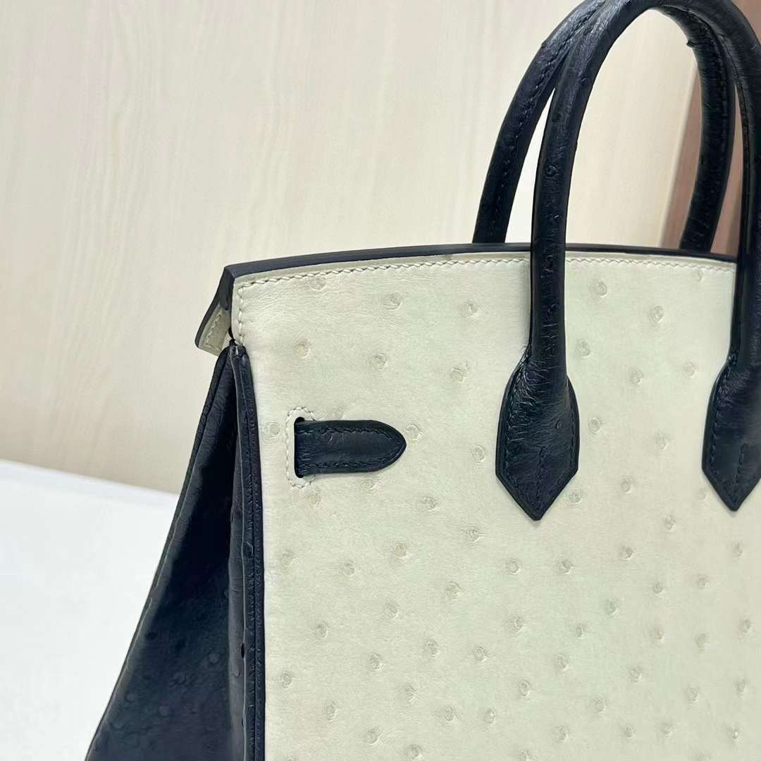 BK 25cm Ostrich 原厂kk南非鸵鸟 8L冰川白/89黑色 金扣 全手工蜡线缝 Ghw