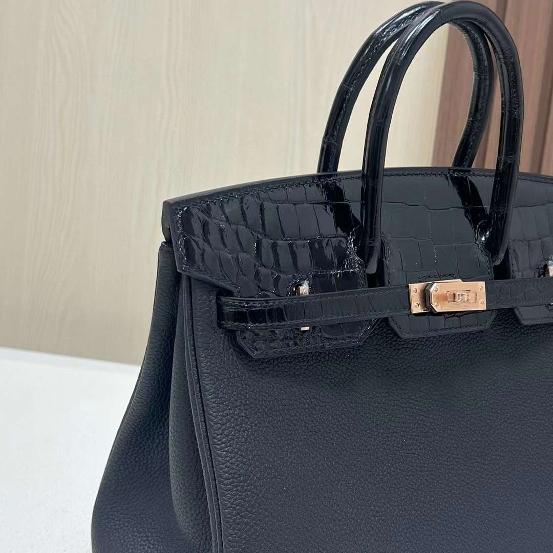 BK 25cm Touch Togo/亮面尼罗鳄鱼 Ck89黑色 玫瑰金扣 全手工蜡线缝 Rghw