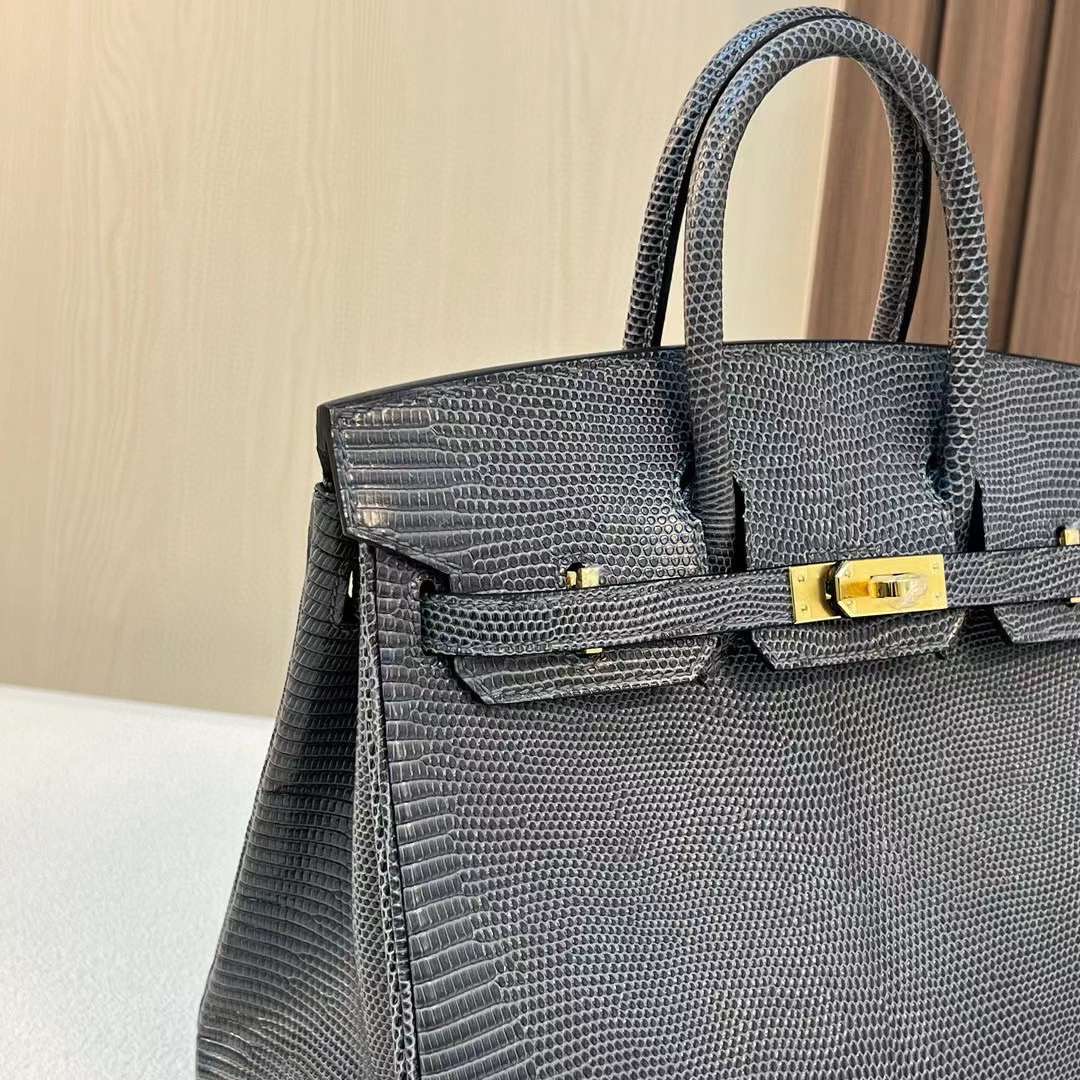 BK 25cm Lizard 进口蜥蜴皮 84深灰色 金扣  全手工蜡线缝 Ghw
