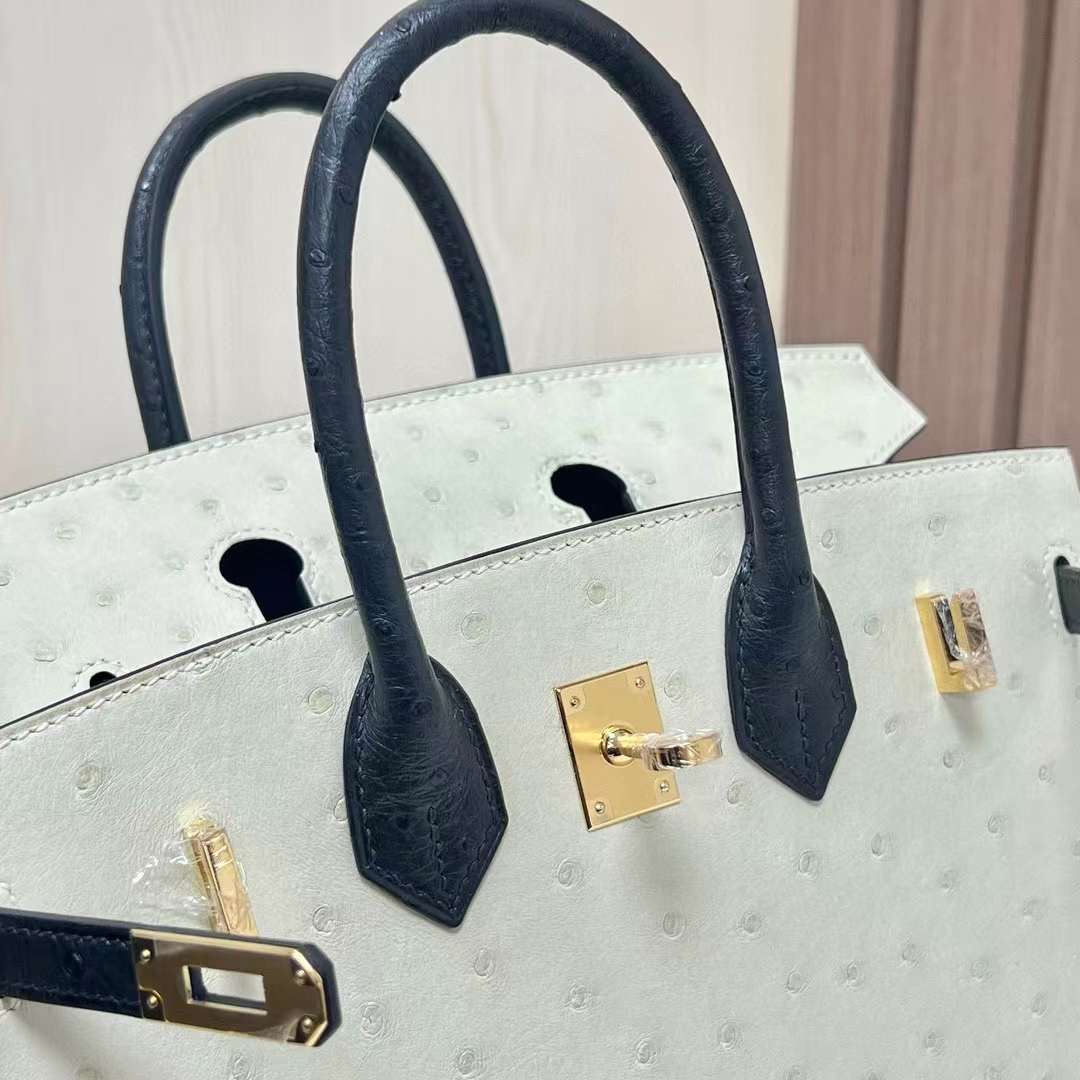 BK 25cm Ostrich 原厂kk南非鸵鸟 8L冰川白/89黑色 金扣 全手工蜡线缝 Ghw