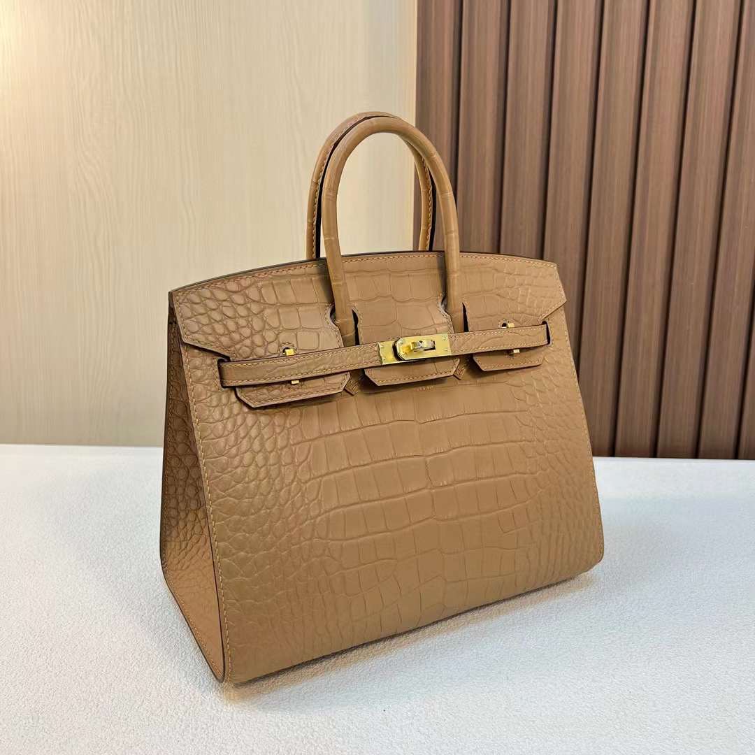 现BK 25cm 外缝 Sellier 雾面美洲鳄鱼 0M奶茶色 Chai 金扣 全手工蜡线缝 Matte Alligator Crocodile Ghw