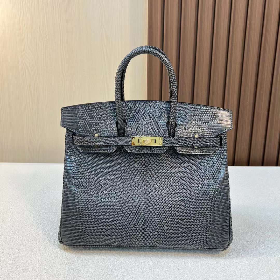 BK 25cm Lizard 进口蜥蜴皮 84深灰色 金扣  全手工蜡线缝 Ghw