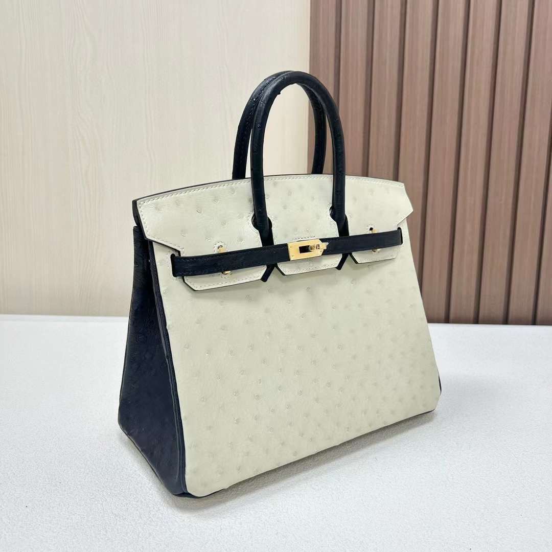 BK 25cm Ostrich 原厂kk南非鸵鸟 8L冰川白/89黑色 金扣 全手工蜡线缝 Ghw