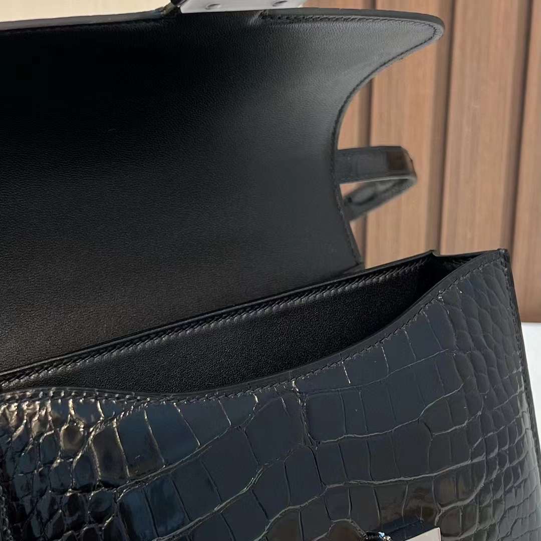 Constance 19cm 亮面美洲鳄鱼 89黑色 银扣 shiny alligator crocodile  全手工蜡线缝 Phw