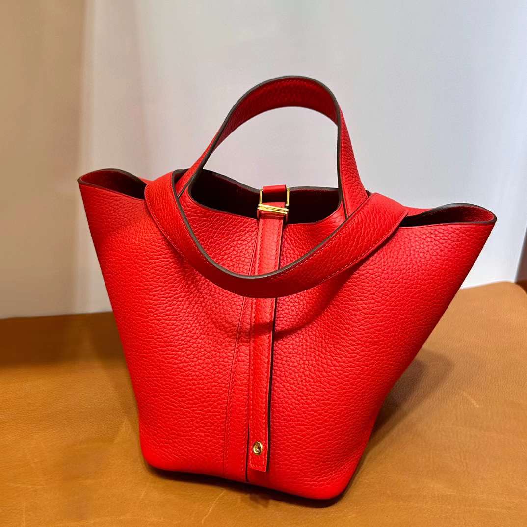 Picotin 18cm Clemence 原厂大牛皮 S3 Rose de coeur 心红色 金扣 全手工蜡线缝 Ghw