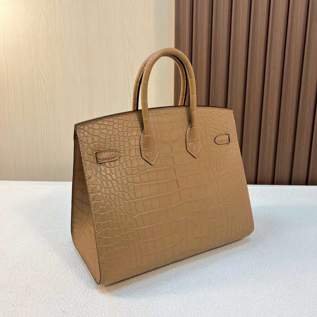 现BK 25cm 外缝 Sellier 雾面美洲鳄鱼 0M奶茶色 Chai 金扣 全手工蜡线缝 Matte Alligator Crocodile Ghw