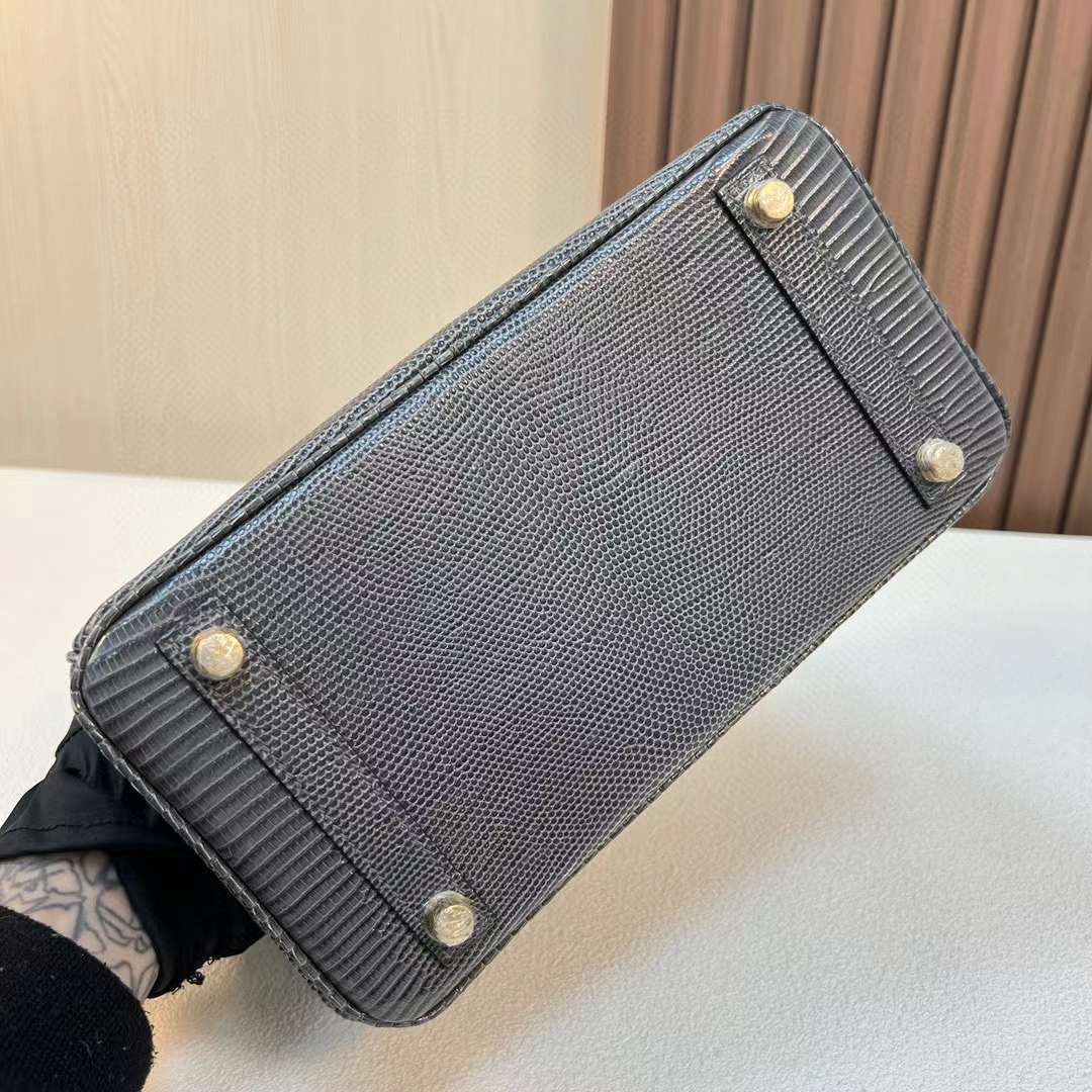 BK 25cm Lizard 进口蜥蜴皮 84深灰色 金扣  全手工蜡线缝 Ghw