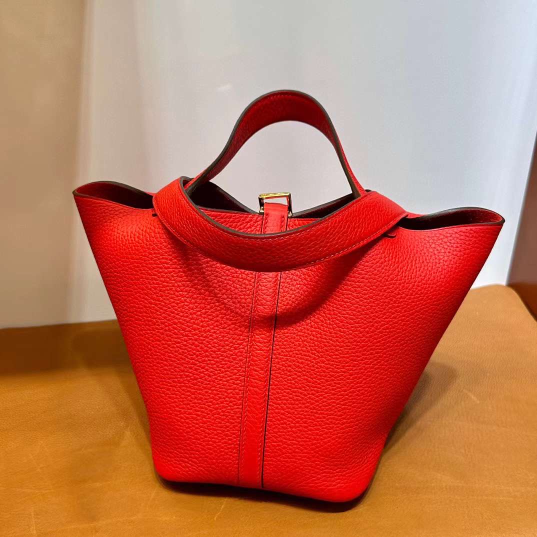 Picotin 18cm Clemence 原厂大牛皮 S3 Rose de coeur 心红色 金扣 全手工蜡线缝 Ghw