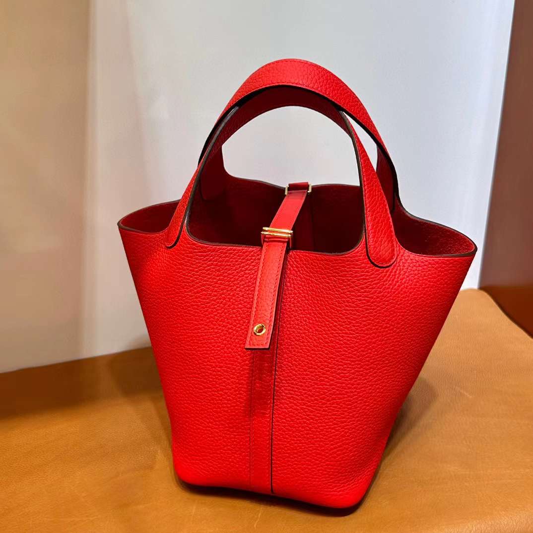 Picotin 18cm Clemence 原厂大牛皮 S3 Rose de coeur 心红色 金扣 全手工蜡线缝 Ghw
