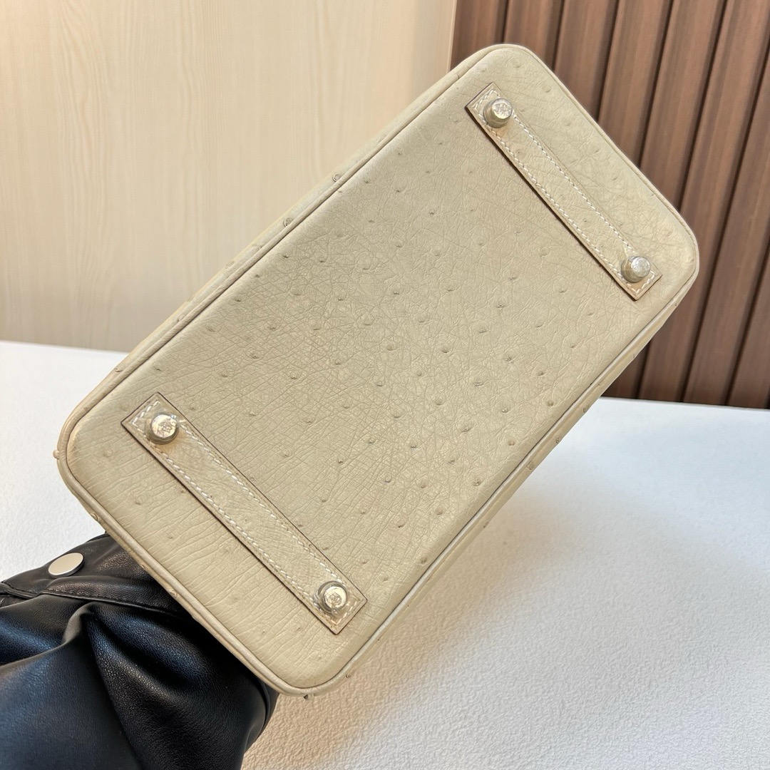 现 BK 25cm Ostrich 原厂KK进口鸵鸟皮 2S风衣灰 金扣 全手工蜡线缝 Phw