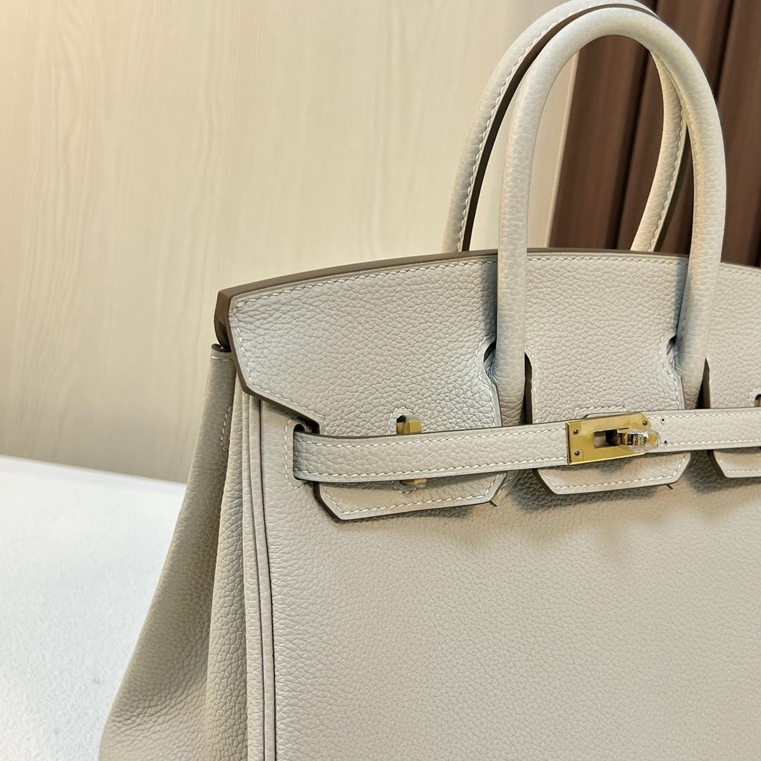 现货 BK 25cm Togo皮 原厂小牛皮 CC10奶昔白 金扣 全手工蜡线缝 Ghw Stock