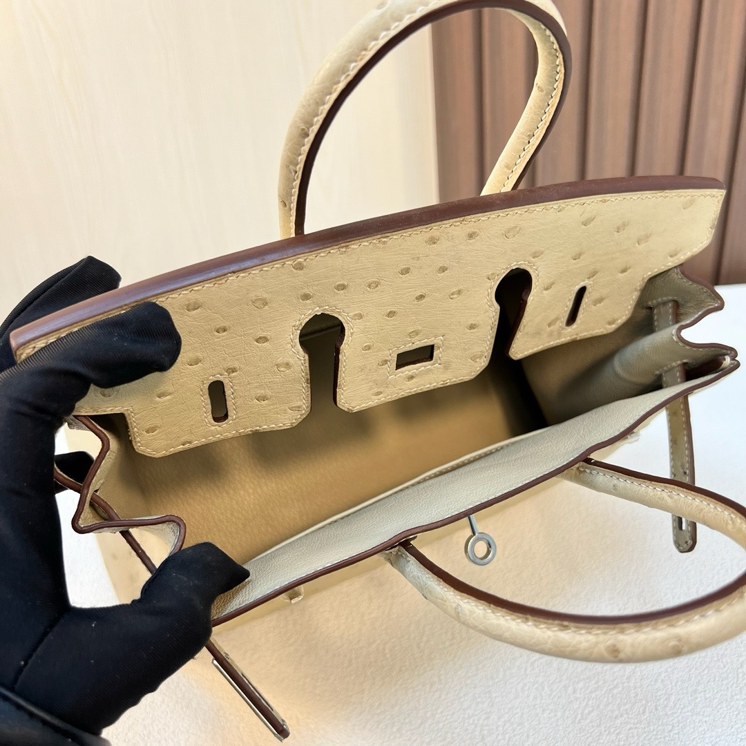 现 BK 25cm Ostrich 原厂KK进口鸵鸟皮 2S风衣灰 金扣 全手工蜡线缝 Phw