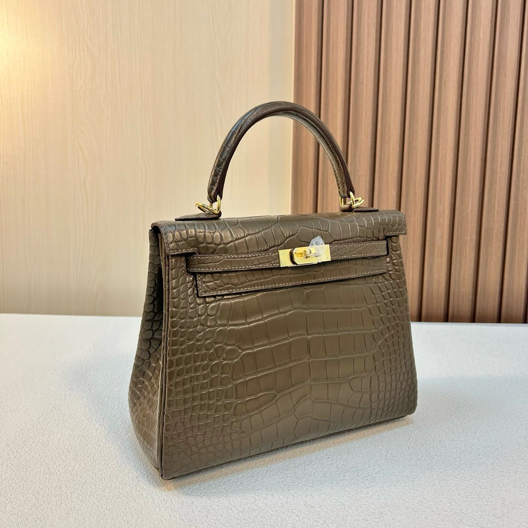 HM KL 25cm 雾面美洲鳄鱼 M1新大象灰 金扣 全手工蜡线缝 Ghw