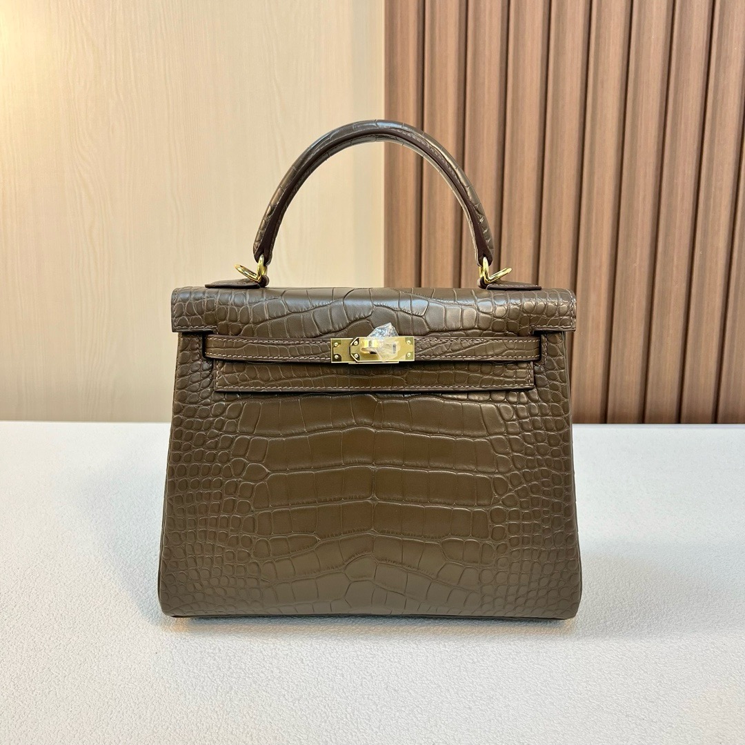 HM KL 25cm 雾面美洲鳄鱼 M1新大象灰 金扣 全手工蜡线缝 Ghw
