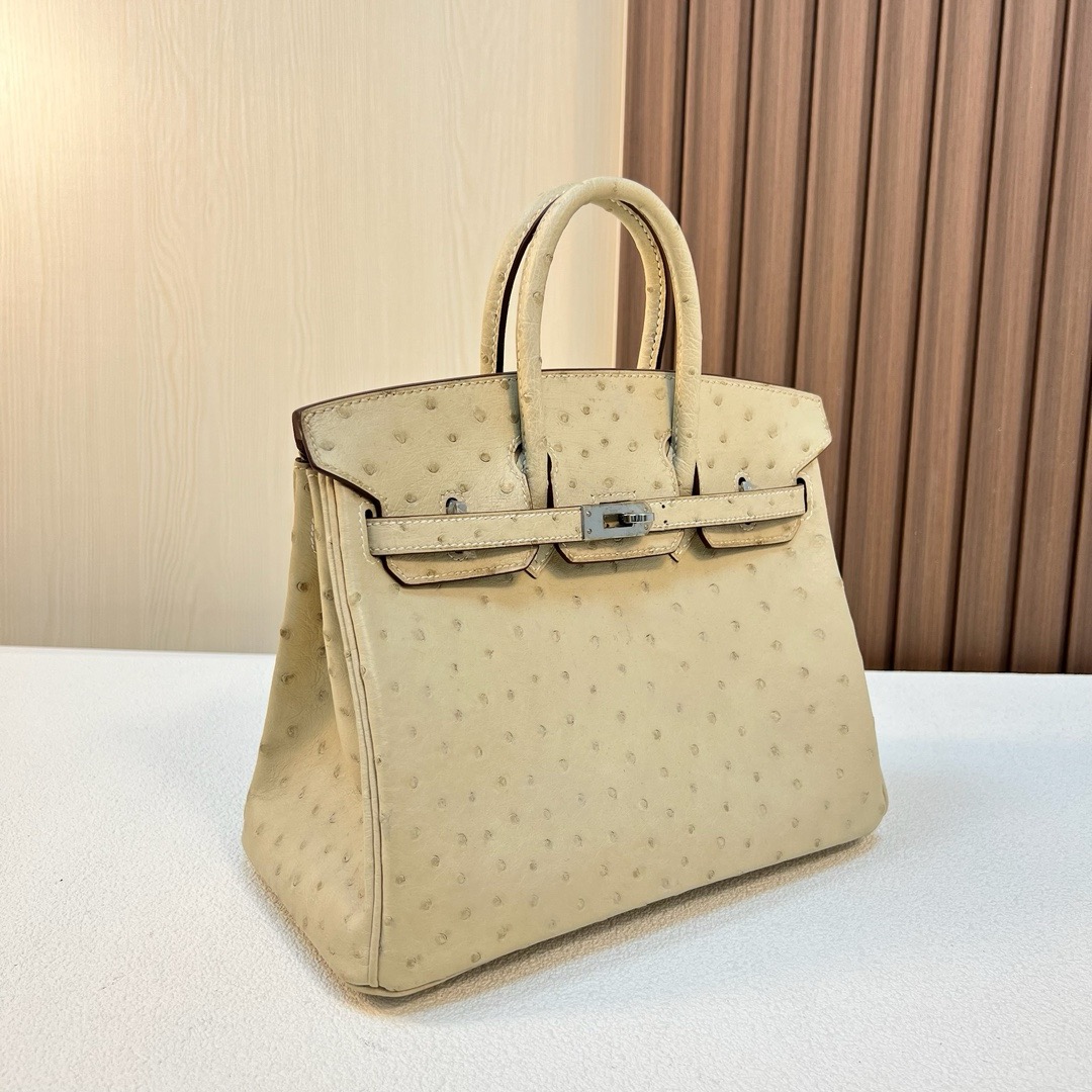 现 BK 25cm Ostrich 原厂KK进口鸵鸟皮 2S风衣灰 金扣 全手工蜡线缝 Phw