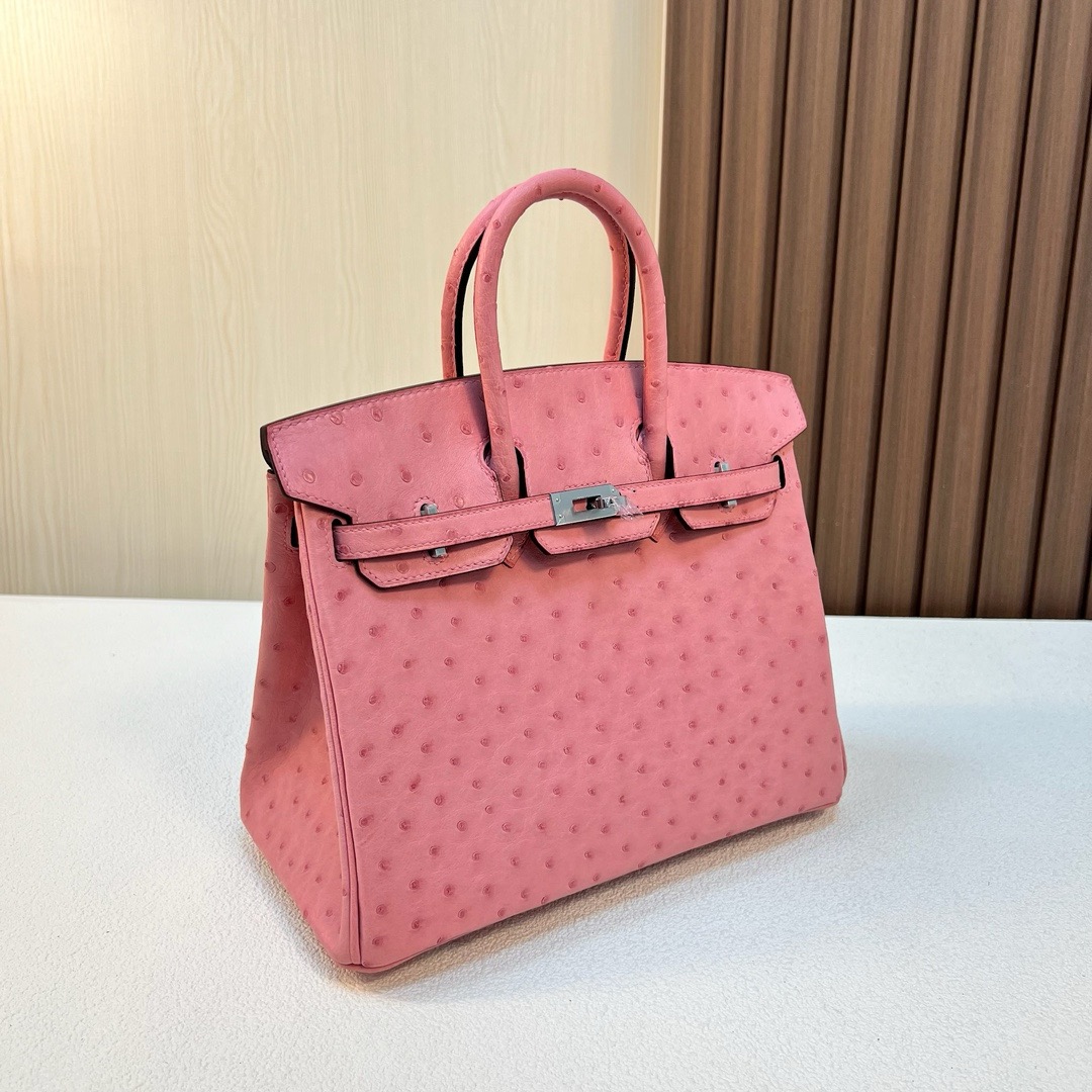 现货 BK 25cm Ostrich 原厂kk进口鸵鸟皮 1Q奶昔粉 银扣 全手工蜡线缝 Phw