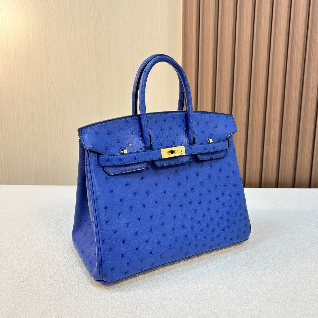 HM BK 25cm Ostrich 原厂KK进口鸵鸟皮 I7 Blue zellige琉璃蓝 金扣 全手工蜡线缝 Ghw