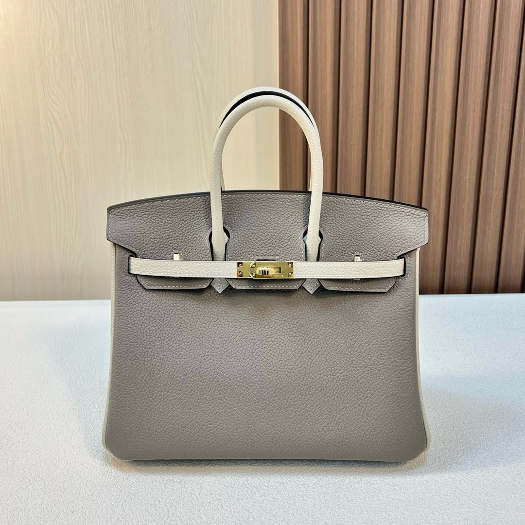 BK 25cm Togo皮 原厂小牛皮 M8沥青灰/CC10奶昔白 金扣 全手工蜡线缝 Ghw