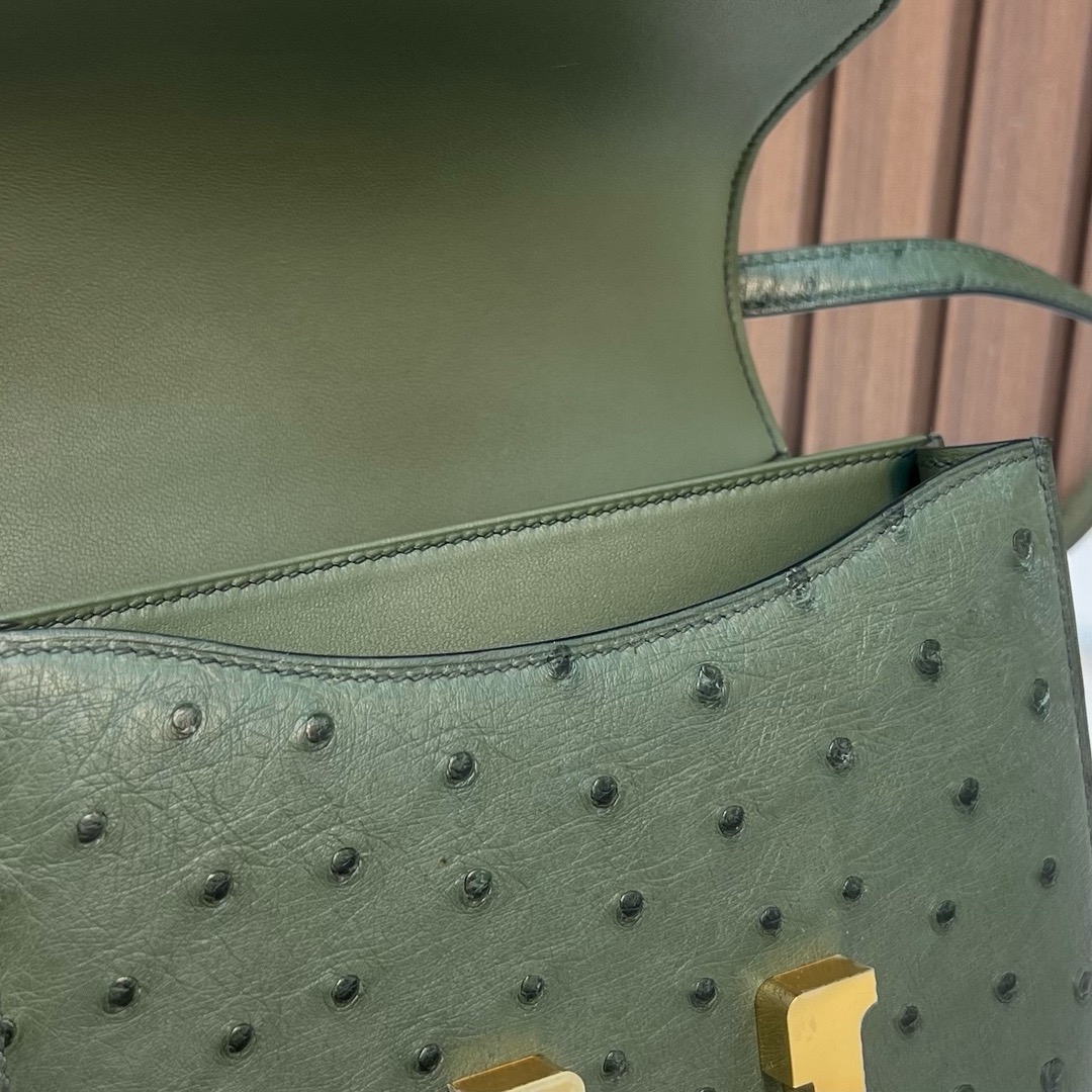 Constance 18cm Ostrich 原厂kk进口鸵鸟皮 V6丛林绿 金扣 全手工缝 Ghw