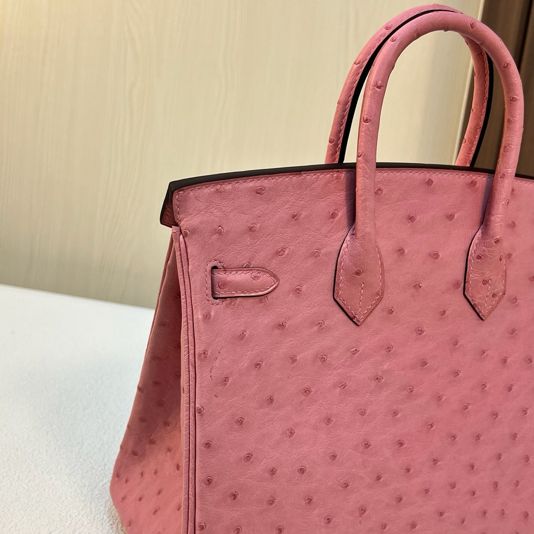 现货 BK 25cm Ostrich 原厂kk进口鸵鸟皮 1Q奶昔粉 银扣 全手工蜡线缝 Phw
