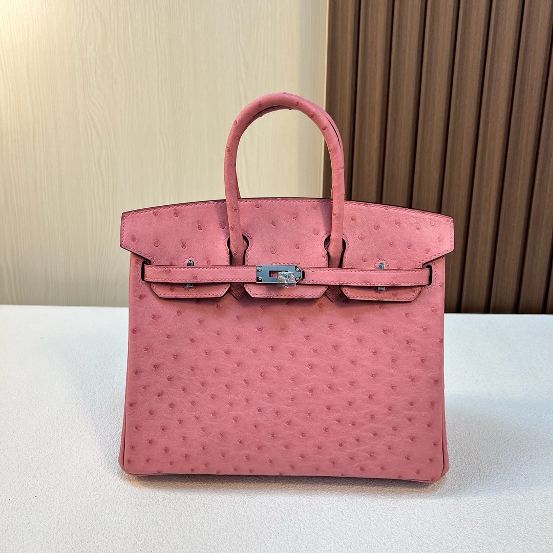现货 BK 25cm Ostrich 原厂kk进口鸵鸟皮 1Q奶昔粉 银扣 全手工蜡线缝 Phw
