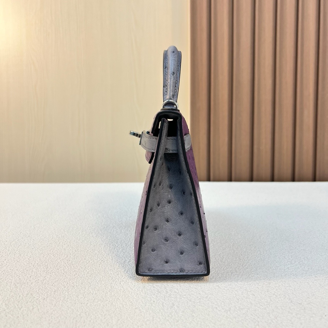 KL Mini 19cm Ostrich 原厂进口KK鸵鸟皮 紫罗兰/82玛瑙灰 银扣 全手工蜡线缝 Phw 订制