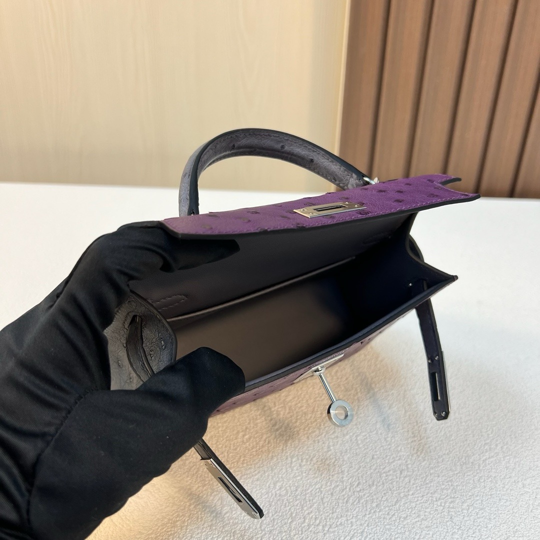 KL Mini 19cm Ostrich 原厂进口KK鸵鸟皮 紫罗兰/82玛瑙灰 银扣 全手工蜡线缝 Phw 订制