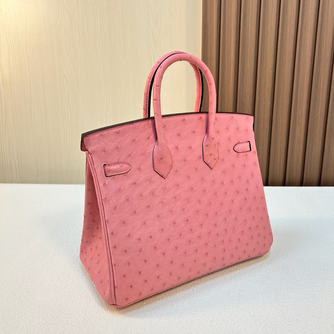 现货 BK 25cm Ostrich 原厂kk进口鸵鸟皮 1Q奶昔粉 银扣 全手工蜡线缝 Phw