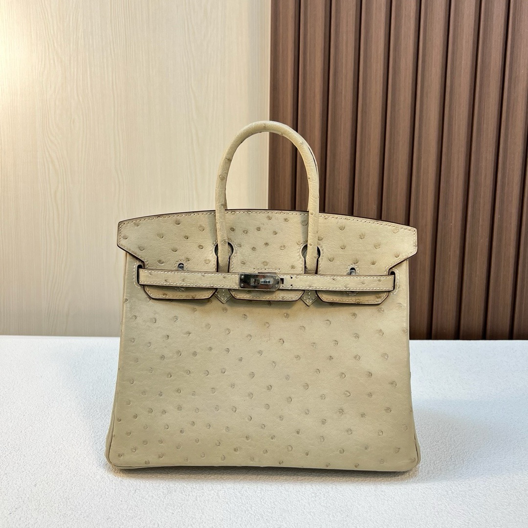 现 BK 25cm Ostrich 原厂KK进口鸵鸟皮 2S风衣灰 金扣 全手工蜡线缝 Phw