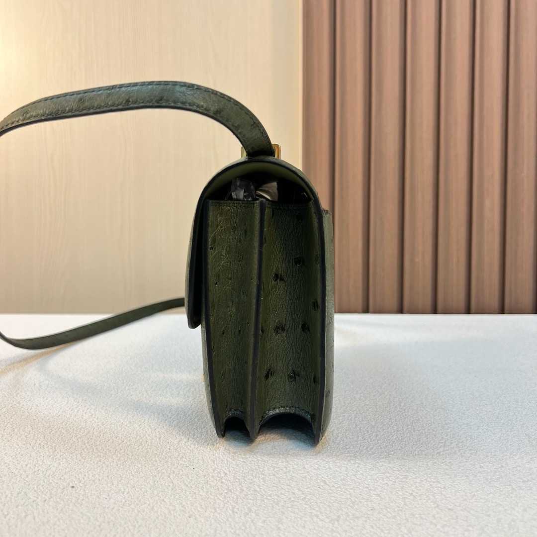Constance 18cm Ostrich 原厂kk进口鸵鸟皮 V6丛林绿 金扣 全手工缝 Ghw