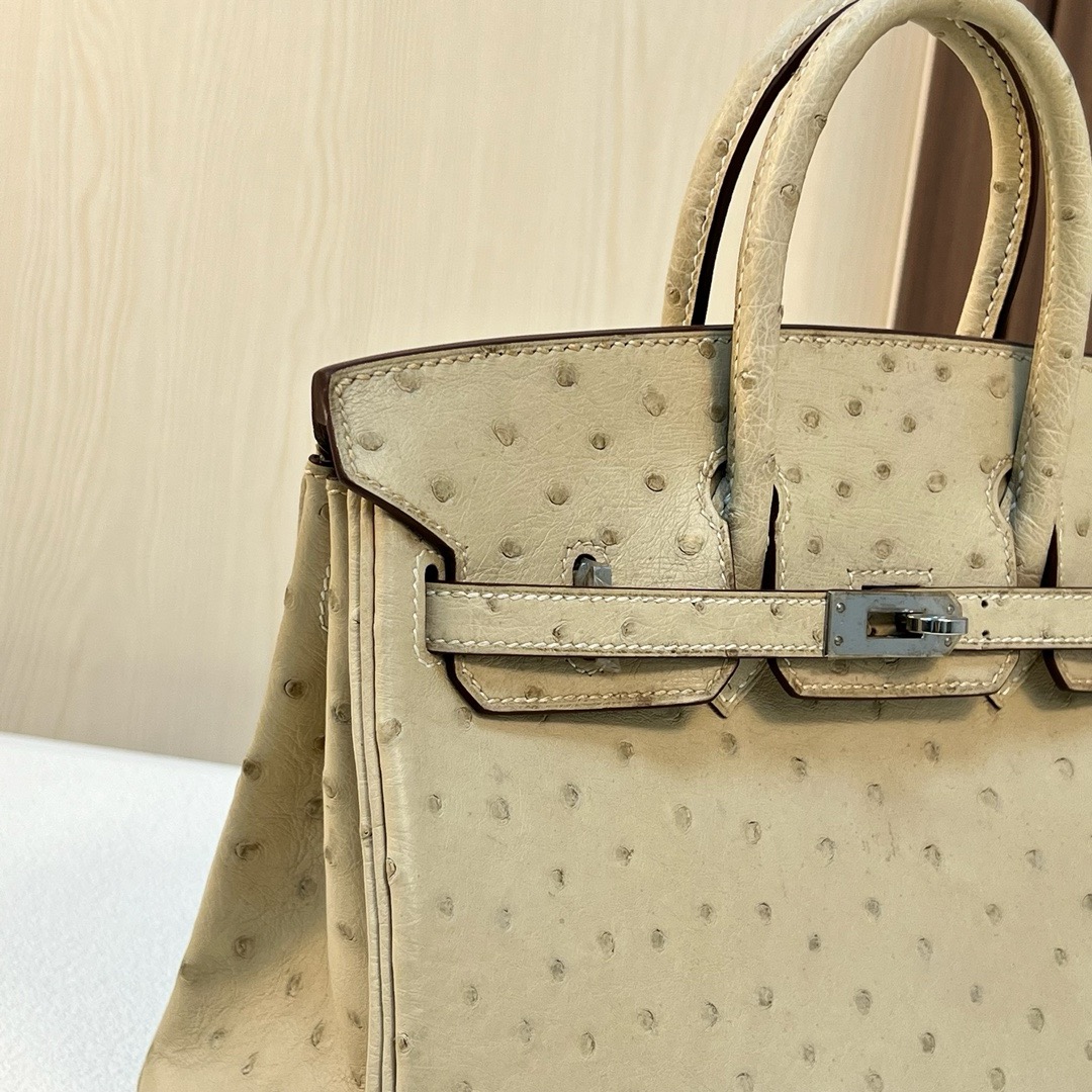 现 BK 25cm Ostrich 原厂KK进口鸵鸟皮 2S风衣灰 金扣 全手工蜡线缝 Phw