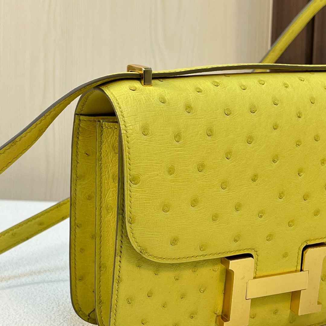 Constance 18cm Ostrich 原厂KK进口鸵鸟皮 9R lime 柠檬黄 金扣 全手工缝 Ghw