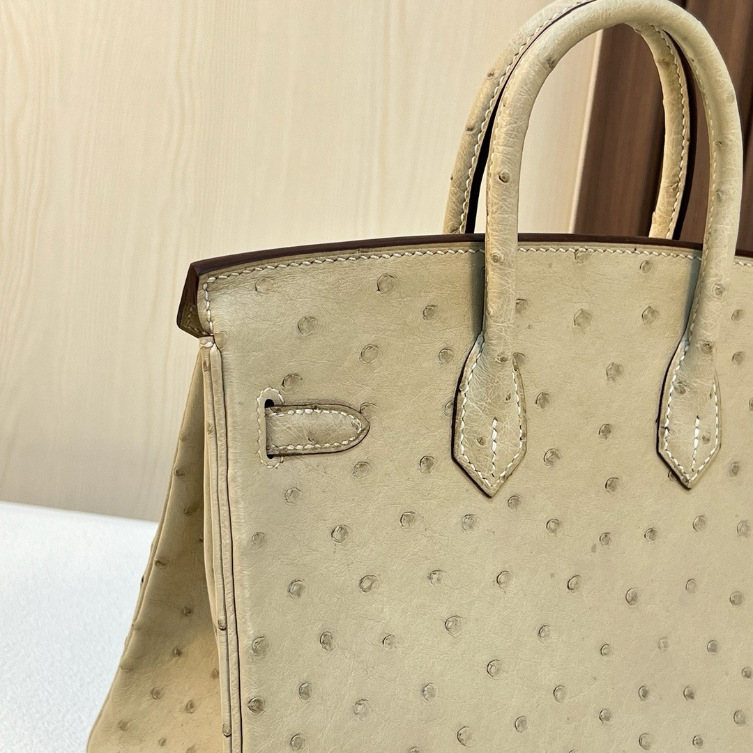 现 BK 25cm Ostrich 原厂KK进口鸵鸟皮 2S风衣灰 金扣 全手工蜡线缝 Phw