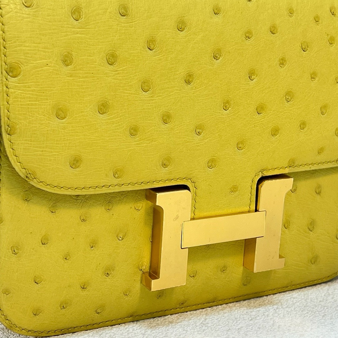 Constance 18cm Ostrich 原厂KK进口鸵鸟皮 9R lime 柠檬黄 金扣 全手工缝 Ghw