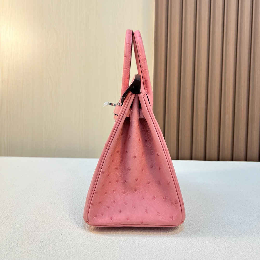 现货 BK 25cm Ostrich 原厂kk进口鸵鸟皮 1Q奶昔粉 银扣 全手工蜡线缝 Phw
