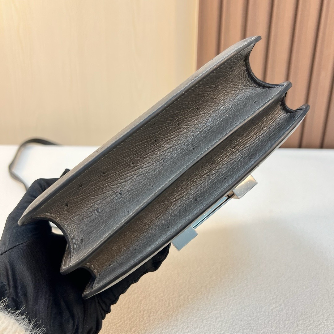 Constance 18cm Ostrich 原厂KK进口鸵鸟皮 CK88 Graphite 石墨灰 银扣 全手工缝 Phw