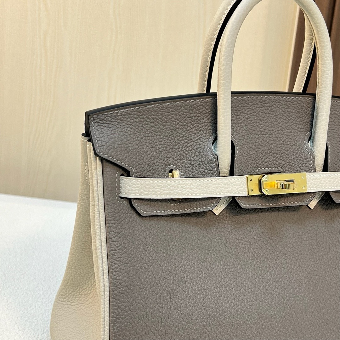 BK 25cm Togo皮 原厂小牛皮 M8沥青灰/CC10奶昔白 金扣 全手工蜡线缝 Ghw